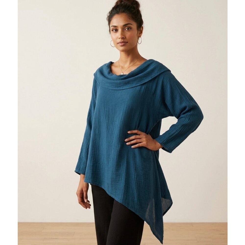Oh My Gauze! Asymmetrical Hem Gauzy Tunic Blouse Top Beachy Coastal S/M